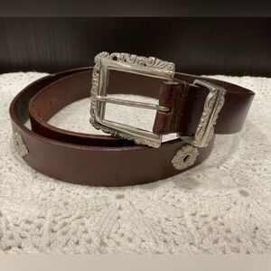 Elegant Brown Leather Belt with Decorative Silver Buckle